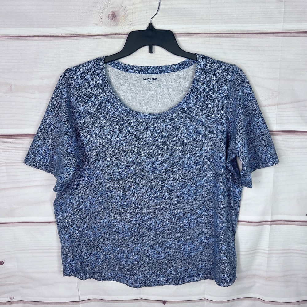 Lands End Top Womens XL Blue Scoop Neck T-Shirt Geometric Print Short Sleeve